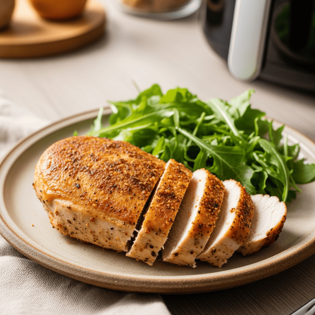 Perfectly cooked, seasoned air fryer chicken breast with a golden crust, served on a plate.