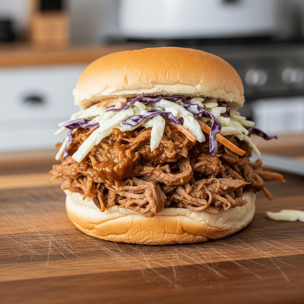Close-up of shredded crockpot pulled pork piled high on a soft white roll with creamy coleslaw, extra sauce on the side.