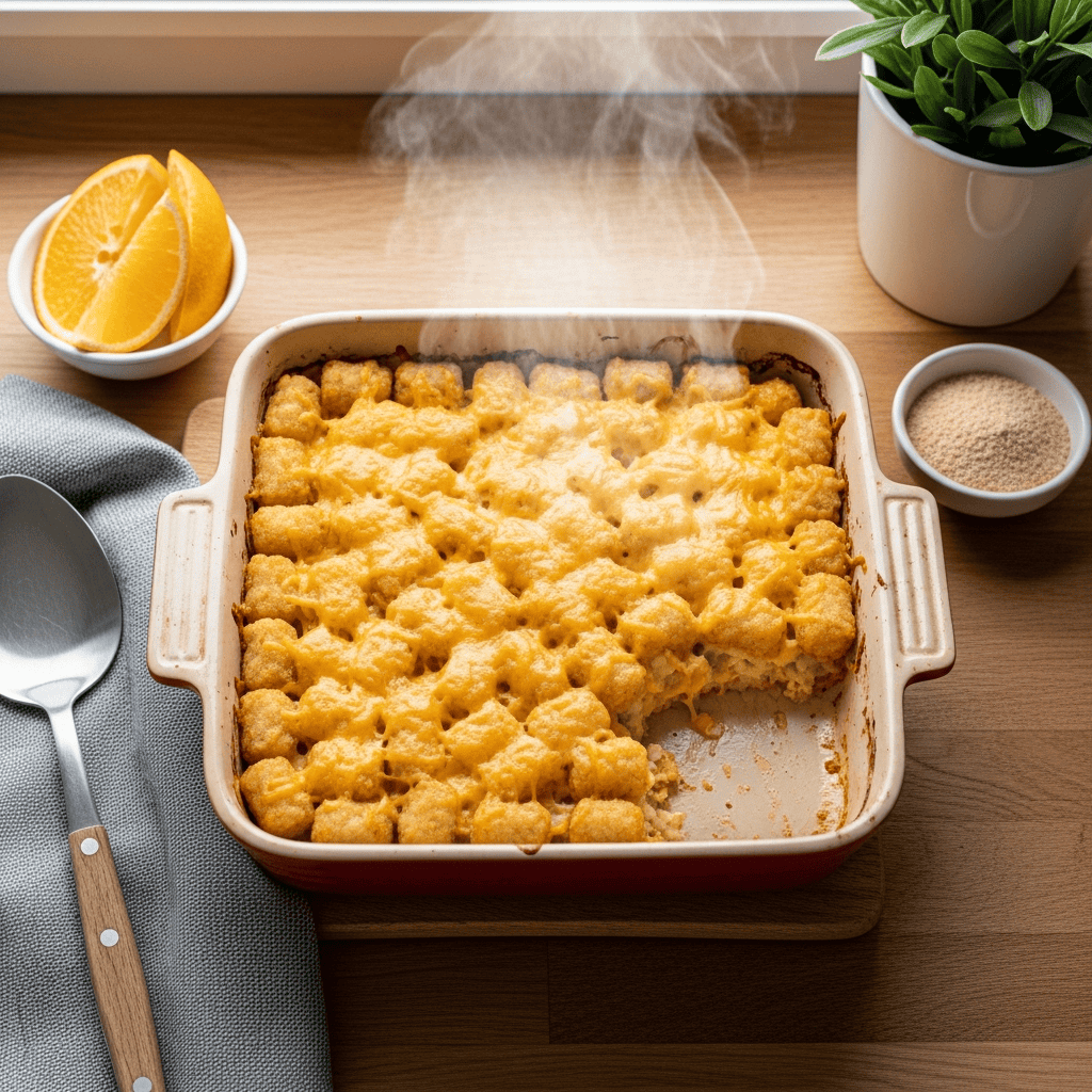 A golden brown tater tot casserole in a baking dish, with crispy tots on top and bubbling cheesy beef filling visible underneath, ready to serve.