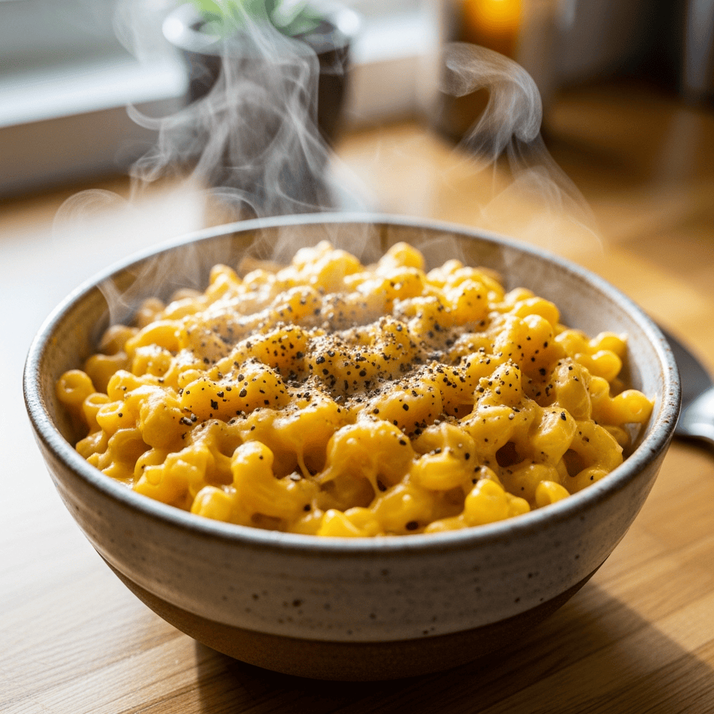 A steaming bowl of creamy homemade instant pot mac and cheese garnished with fresh black pepper, sitting on a wooden table.