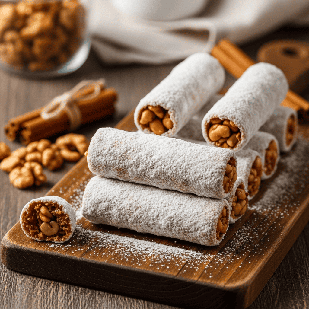 Close-up photo of several cylindrical honey nut no bake cookies covered in white powdered sugar on a piece of parchment paper.