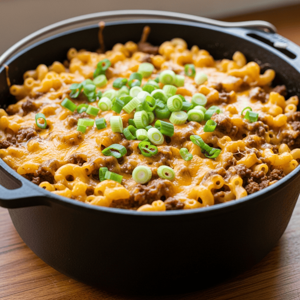 A close-up shot of a creamy, cheesy cheeseburger macaroni casserole in a large Dutch oven, garnished with fresh green onions, ready to be served.